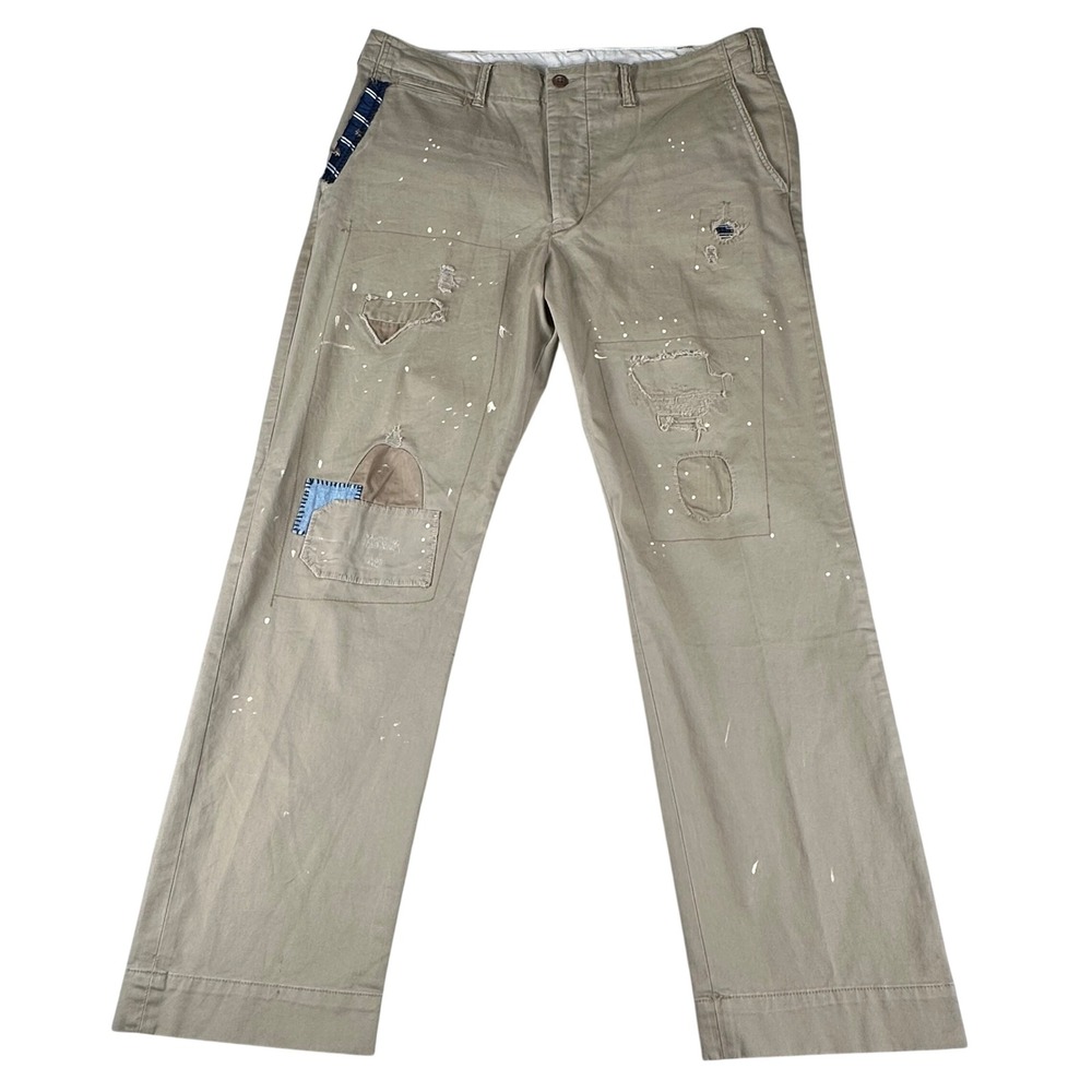 Polo Ralph Lauren Chinos Men 36/32 Tan Distressed Paint Splatter‎ Patchwork